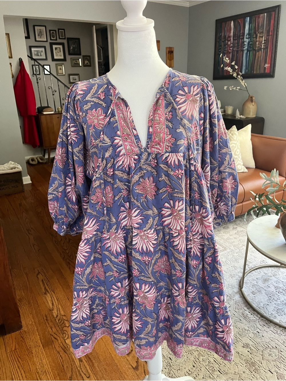 Marea by Liz Joy Casita Floral Cotton Flowy Mini Dress Sz. L Peasant Cottagecore